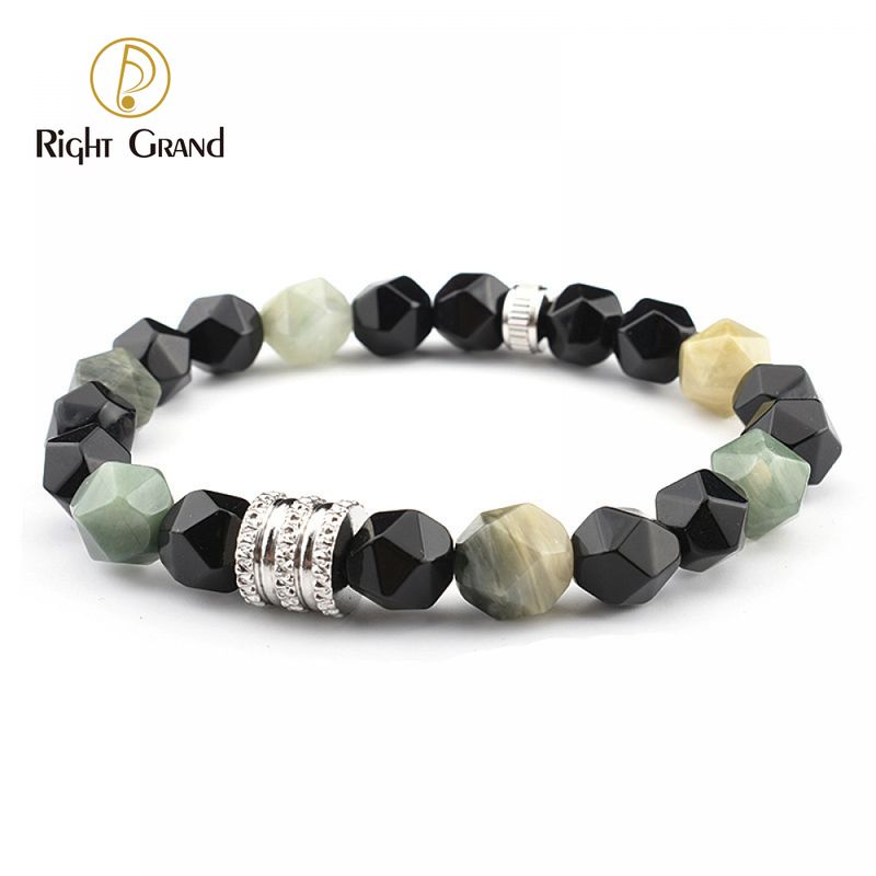 Right Grand Handmade Fashion Luxury Jewelry Stainless Steel Multi Color Faceted Mixed Agate Men Beads Natural Stone Bracelet