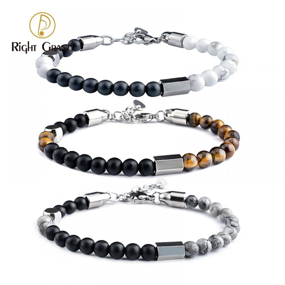 Right Grand Manufacturers Men Boys Jewelry Stainless Steel White Turquoise Tiger Eye Natural Stone Gemstone Fashion Beaded Bracelets