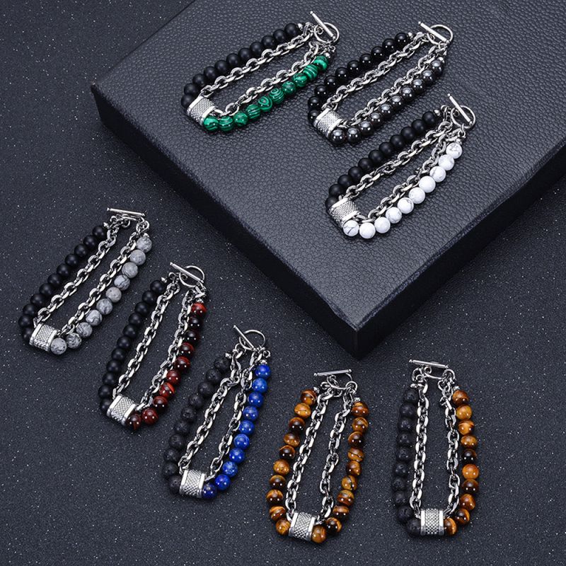 Right Grand Hip Hop Men Fashion Jewelry Stainless Steel Link Chain Natural Stone Map Frosted Volcanic Tiger Eye Handmade Beaded Bracelets