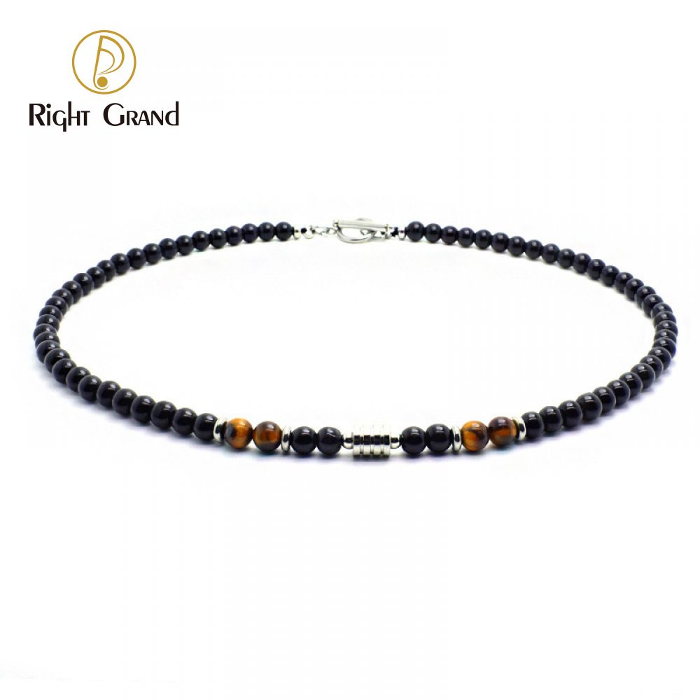 Right Grand Wholesale Retro Fashion Men Jewelry Tiger Eye Stainless Steel Multi Gemstone Natural Stone Beaded Necklace