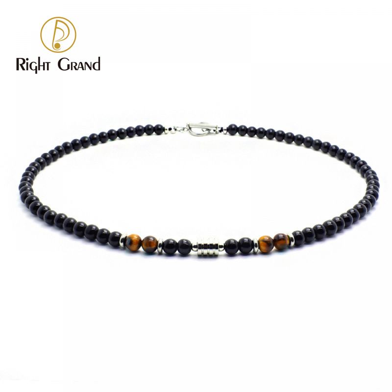 Right Grand Wholesale Retro Fashion Men Jewelry Tiger Eye Stainless Steel Multi Gemstone Natural Stone Beaded Necklace
