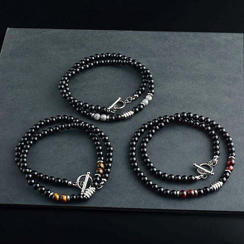 Right Grand Wholesale Retro Fashion Men Jewelry Tiger Eye Stainless Steel Multi Gemstone Natural Stone Beaded Necklace