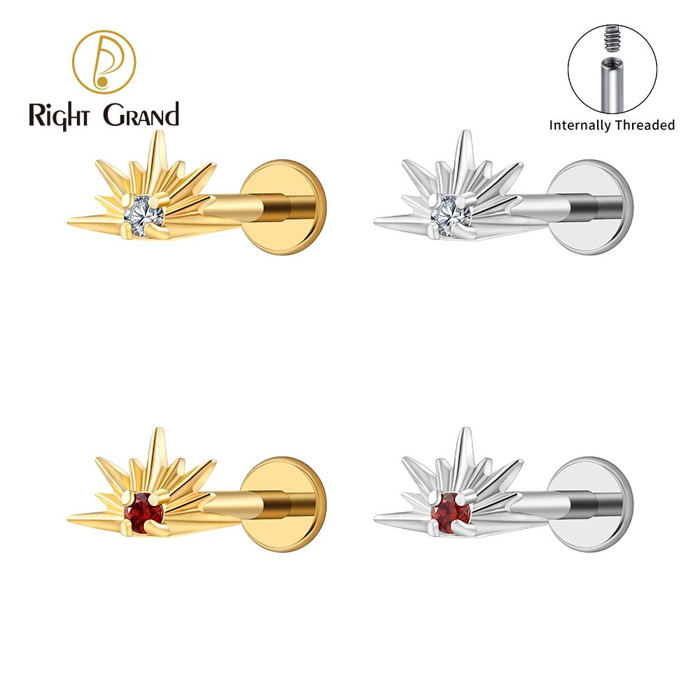 Right Grand ASTM F136 Titanium Internal Thread CZ Starburst Stud Earring 16G Sunrise Helix Stud Tragus Cartilage Labret Monroe Piercing Jewelry