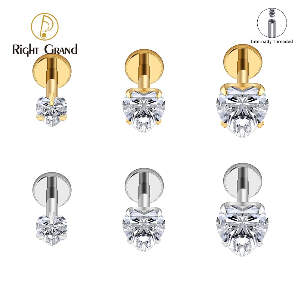 Right Grand ASTM F136 Titanium 16G Heart CZ Internally Threaded Flat Back Labret Cartilage Tragus Helix Nose Stud Piercing