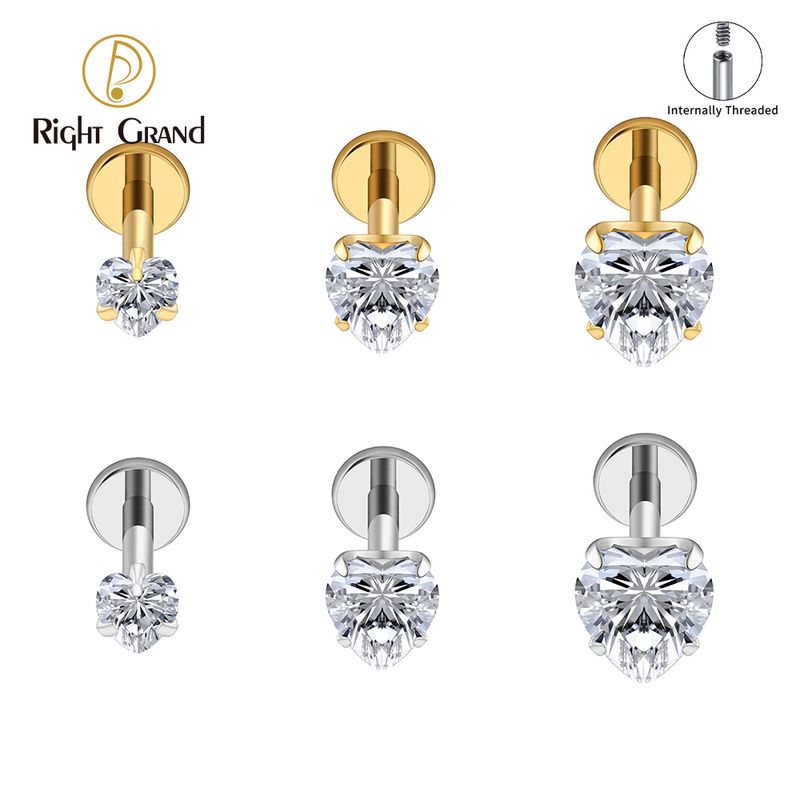 Right Grand ASTM F136 Titanium 16G Heart CZ Internally Threaded Flat Back Labret Cartilage Tragus Helix Nose Stud Piercing