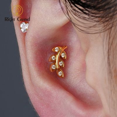 Right Grand  ASTM F136 Titanium 16G Internal Thread Leaf CZ Labret Tragus Cartilage Conch Forward Helix Stud Nose Piercing