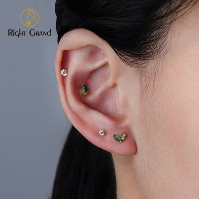 Right Grand ASTM F136 Titanium 16G Internal Thread Double Marquise Moss Agate Cartilage Flat Back Labret Earring Tragus Helix Stud Nose Piercing