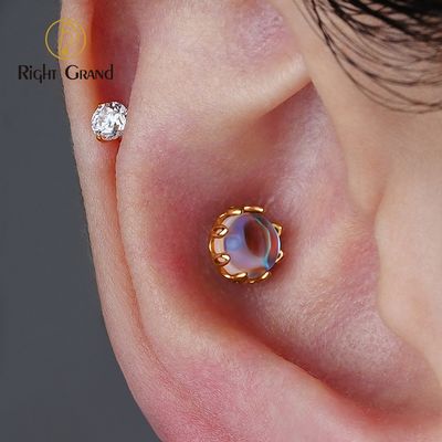 Right Grand ASTM F136 Titanium 16G Internal Thread Moonstone Labret Tragus Cartilage Conch Forward Helix Stud Nose Piercing