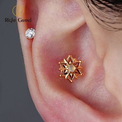 Right Grand ASTM F136 Titanium 16G Internal Thread Tribal Sun Helix Stud with Opal Internally Threaded Labret Cartilage Conch Stud Piercing