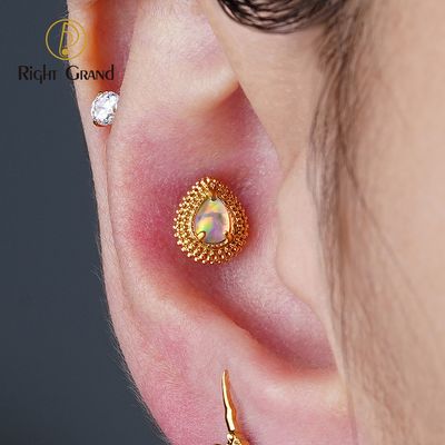 Right Grand ASTM F136 Titanium 16G Internal Thread Waterdrop Opal Garnet CZ Labret Tragus Cartilage Conch Forward Helix Stud Nose Piercing