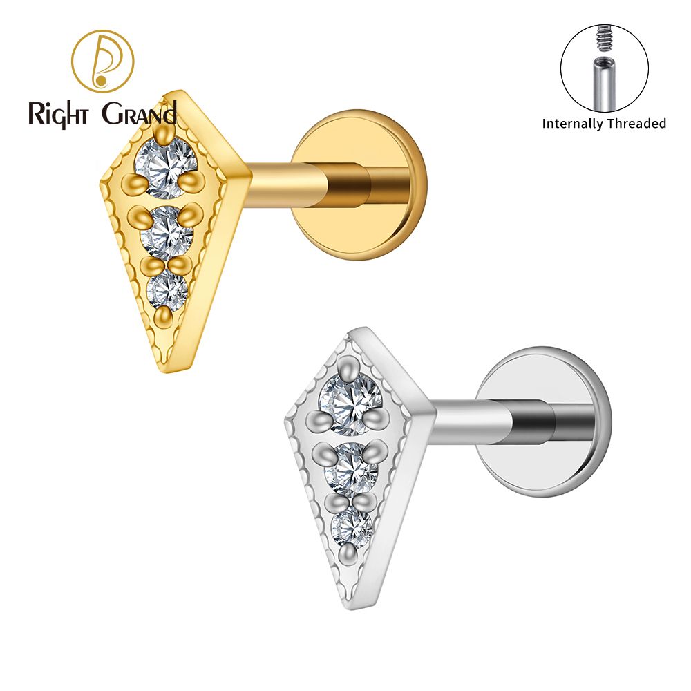Right Grand ASTM F136 Titanium 16G Internal Thread Tiny Kite Shape with CZ Cartilage Stud Earring Helix Tragus Stud Labret Nose Earlobe Piercing