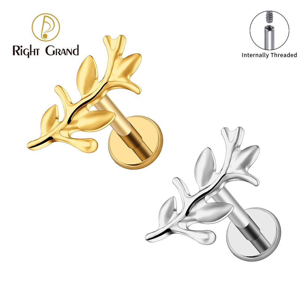 Right Grand ASTM F136 Titanium 16G Internal Thread Tulip Flower Cartilage Earring Dainty Leaf Climber Labret Helix Tragus Conch Stud Piercing