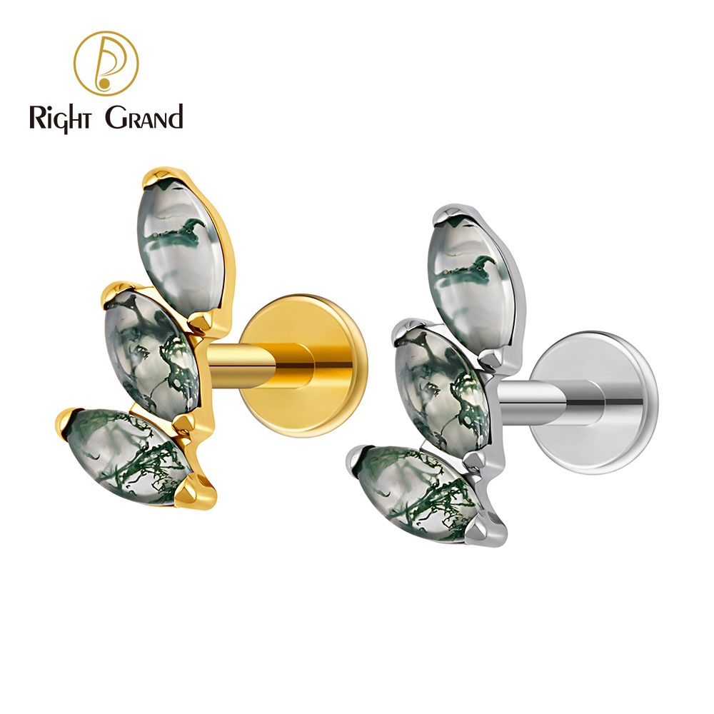 Right Grand ASTM F136 Titanium 16G Internal Thread Cluster Marquise Moss Agate Tragus Helix Stud Conch Lobe Rook Cartilage Leaf Climber Flat Back Labret Stud Nose Piercing