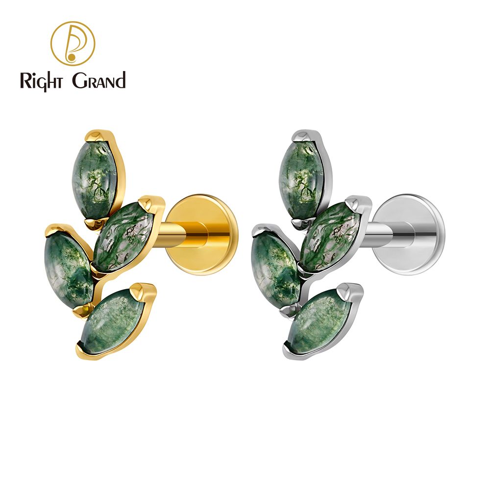 Right Grand ASTM F136 Titanium 16G Internal Thread Leaf Stud Earring Natural Moss Agate Marquise Helix Conch Tragus Cartilage Piercing Jewelry