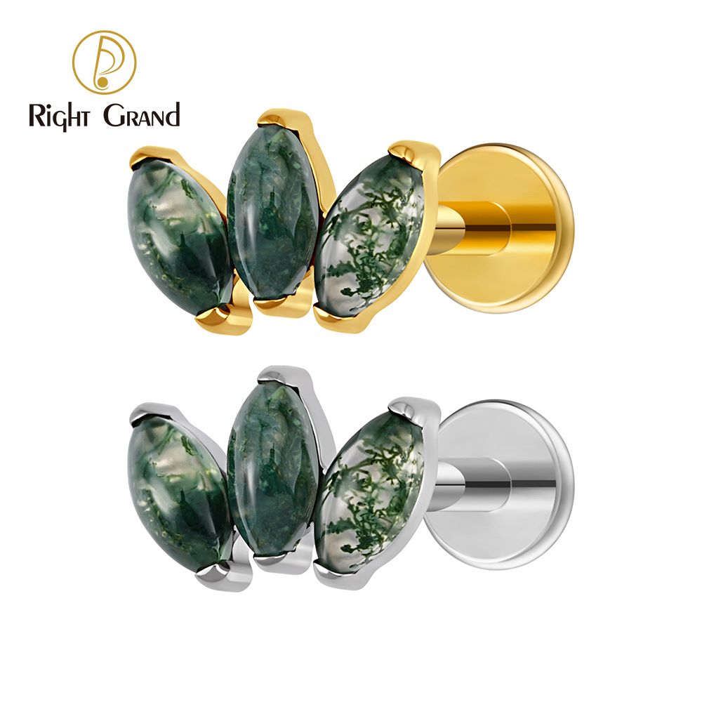 Right Grand ASTM F136 Titanium 16G Internal Thread Triple Marquise Moss Agate Tragus Helix Stud Conch Lobe Rook Cartilage Leaf Climber Flat Back Labret Stud Nose Piercing
