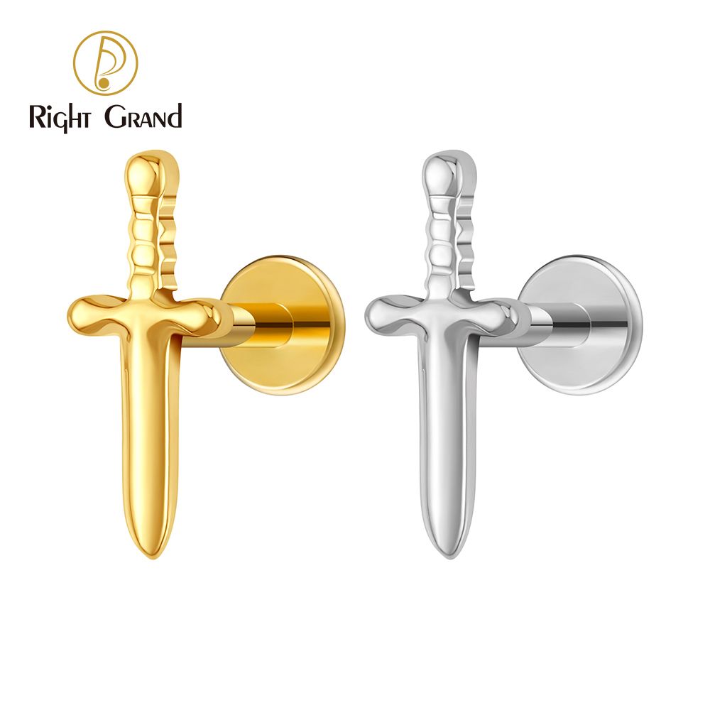 Right Grand ASTM F136 Titanium Internal Thread Tiny Sword Flat Back Earring 16G Dagger Cartilage Tragus Helix Stud Earlobe Piercing Jewelry