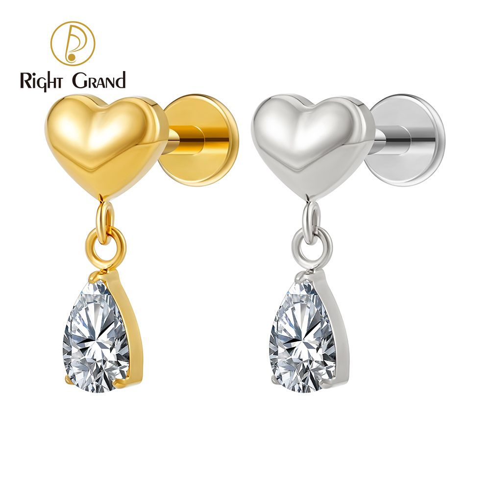 Right Grand ASTM F136 Titanium 16G Internal Thread Heart Cartilage Earring with Dangling Teardrop CZ Helix Tragus Labret Stud Piercing Jewelry