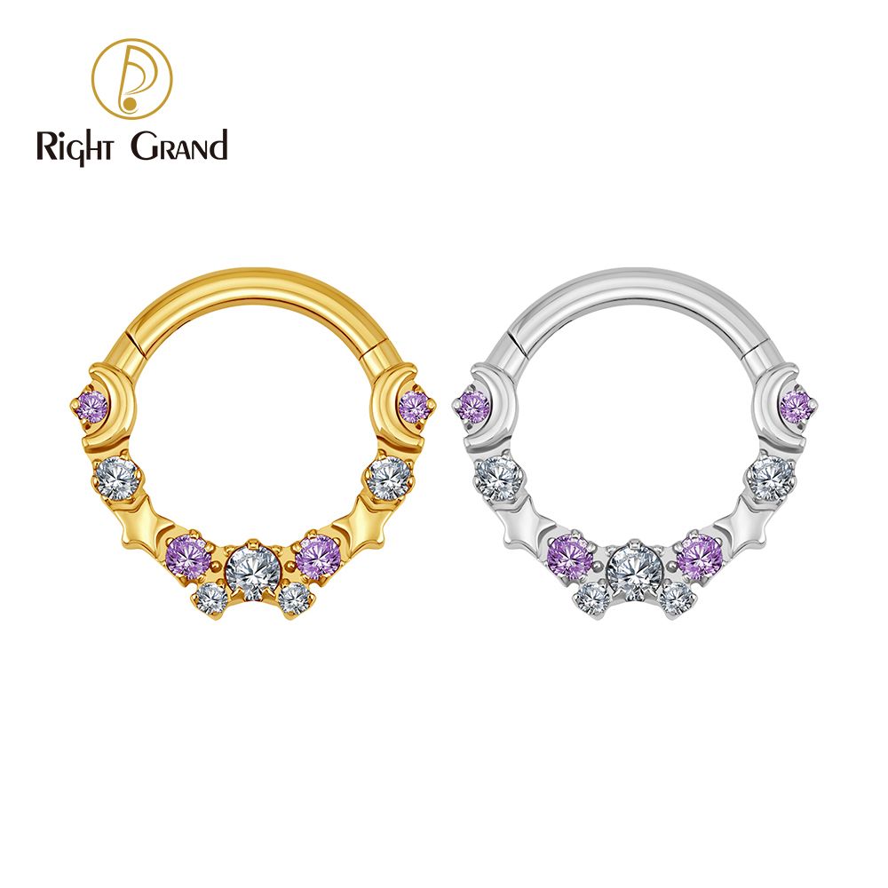 Right Grand ASTM F136 Titanium Moon Star Septum Clicker 16G CZ Hinged Segment Ring Hypoallergenic Daith Hoop Piercing Jewelry