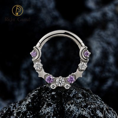 Right Grand ASTM F136 Titanium Moon Star Septum Clicker 16G CZ Hinged Segment Ring Hypoallergenic Daith Hoop Piercing Jewelry