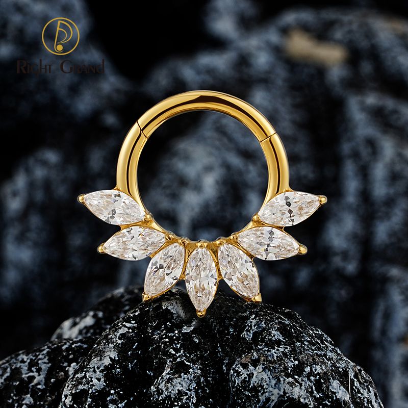 Right Grand 16G Marquise CZ Hinged Segment Hoop Nose Ring ASTM F136 Titanium Septum Piercing Cartilage Daith Hoop Earring