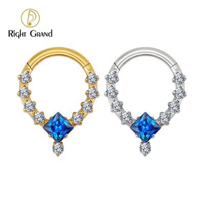 Right Grand ASTM F136 Titanium Square CZ Hinged Segment Septum Ring Daith Helix Hoop Earring Nose Piercing Body Jewelry
