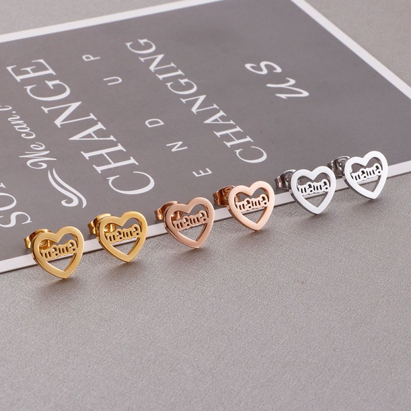 Right Grand New Mother'S Day Gift 2025 Fashion Gold Plated Tiny Stainless Steel Mama Hollow Heart Love Stud Earrings for Women