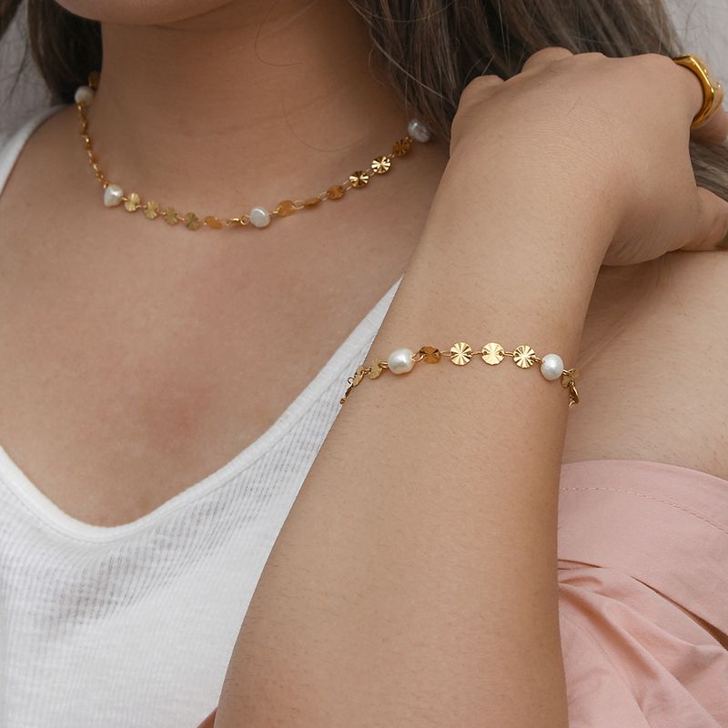 Right Grand Dainty Waterproof 18K Gold Plated Stainless Steel Jewelry Sets Snowflake Sheet Freshwater Pearl Necklace