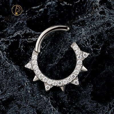 Right Grand ASTM F136 Titanium Sparkling CZ Spike Hinged Septum Clicker Nose Ring 16G Daith Helix Hoop Earring Piercing Jewelry