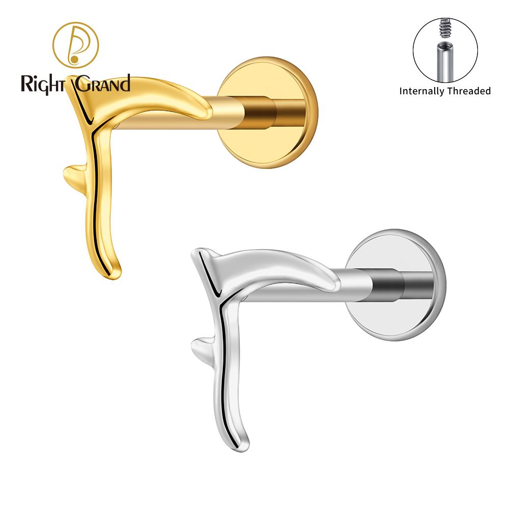 Right Grand ASTM F136 Titanium Internal Thread Tiny Scythe Flatback Earring 16G Sickle Cartilage Earring Tragus Conch Stud Helix Piercing