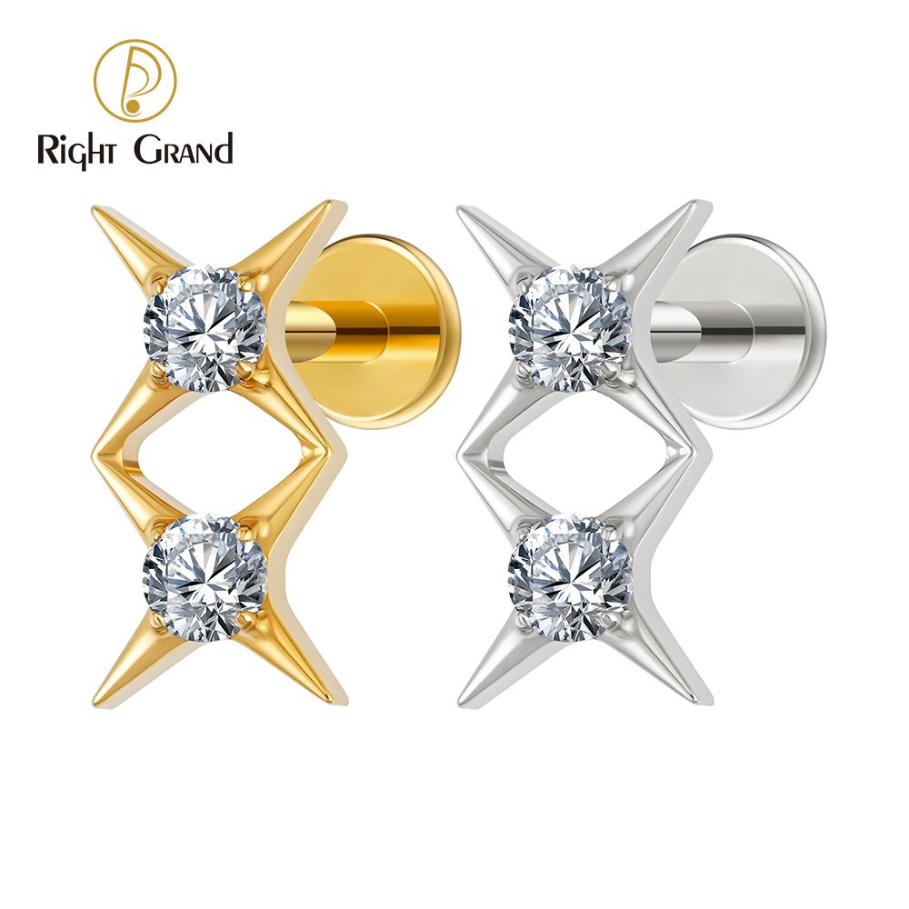 Right Grand ASTM F136 Titanium Internal Thread Double Star Stud Earring 16G Starburst CZ Flat Back Labret Stud Cartilage Helix Tragus Piercing