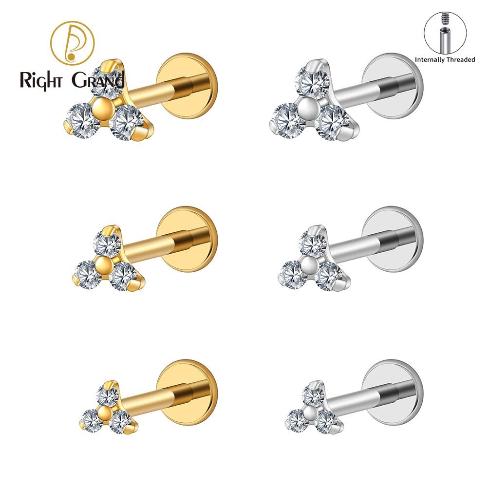 Right Grand ASTM F136 Titanium 16G Internal Thread Triple CZ Cartilage Helix Earring Trinity CZ Tragus Stud Conch Earlobe Lip Piercing