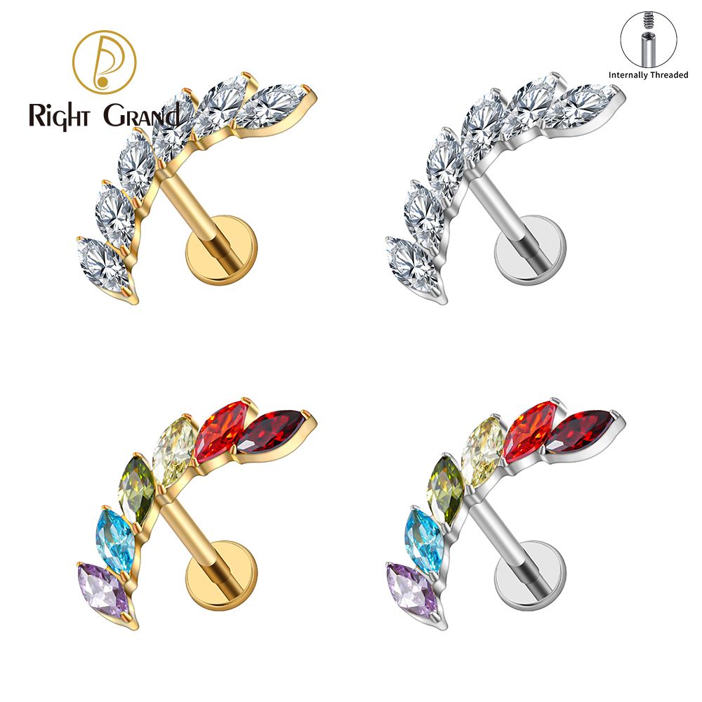 Right Grand ASTM F136 Titanium 16G Internal Thread Marquise CZ Curved Vine Climber Helix Earring Stud Upper Ear Cartilage Conch Piercing