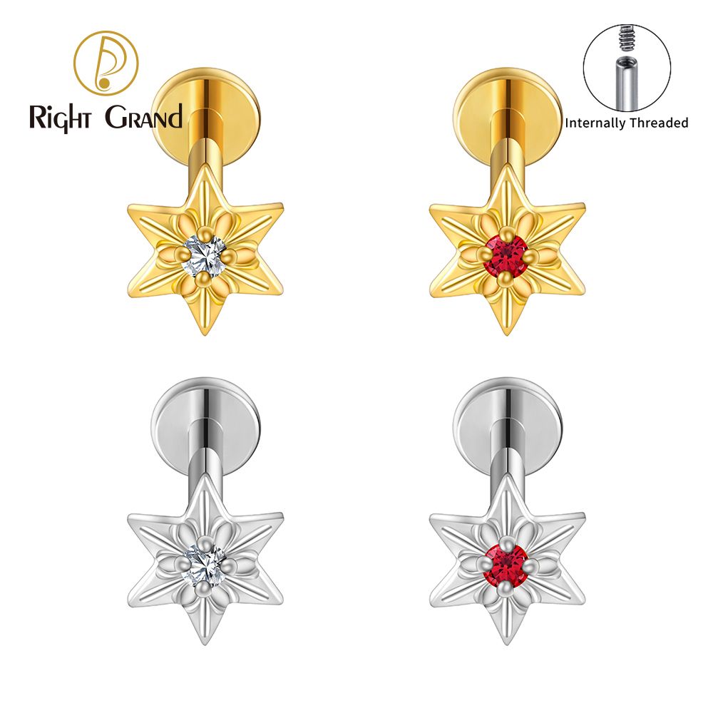 Right Grand ASTM F136 Titanium Internal Thread Hexagram CZ Cluster Cartilage Earring 16G Mini CZ Labret Tragus Helix Medusa Flat Back Piercing