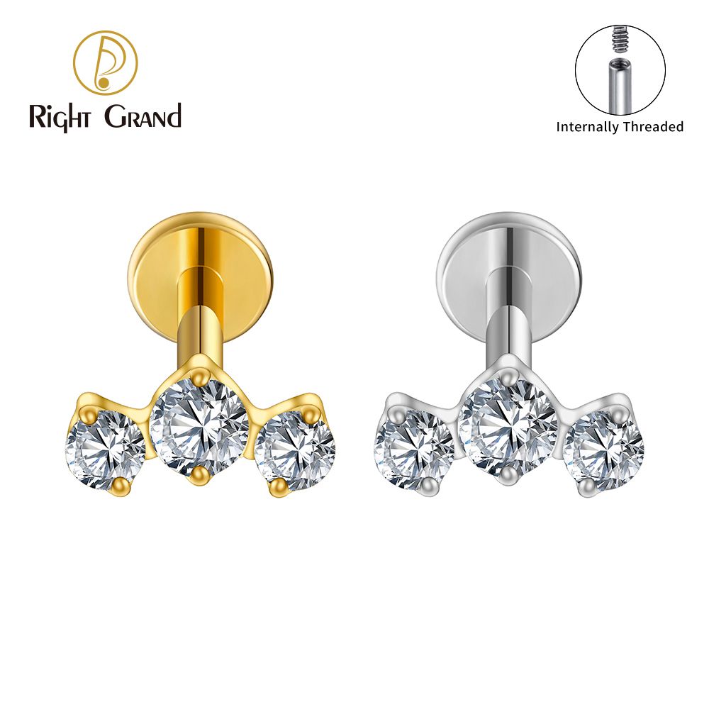 Right Grand ASTM F136 Titanium Internal Thread Triple CZ Cluster Cartilage Earring 16G Mini CZ Labret Tragus Helix Medusa Flat Back Piercing