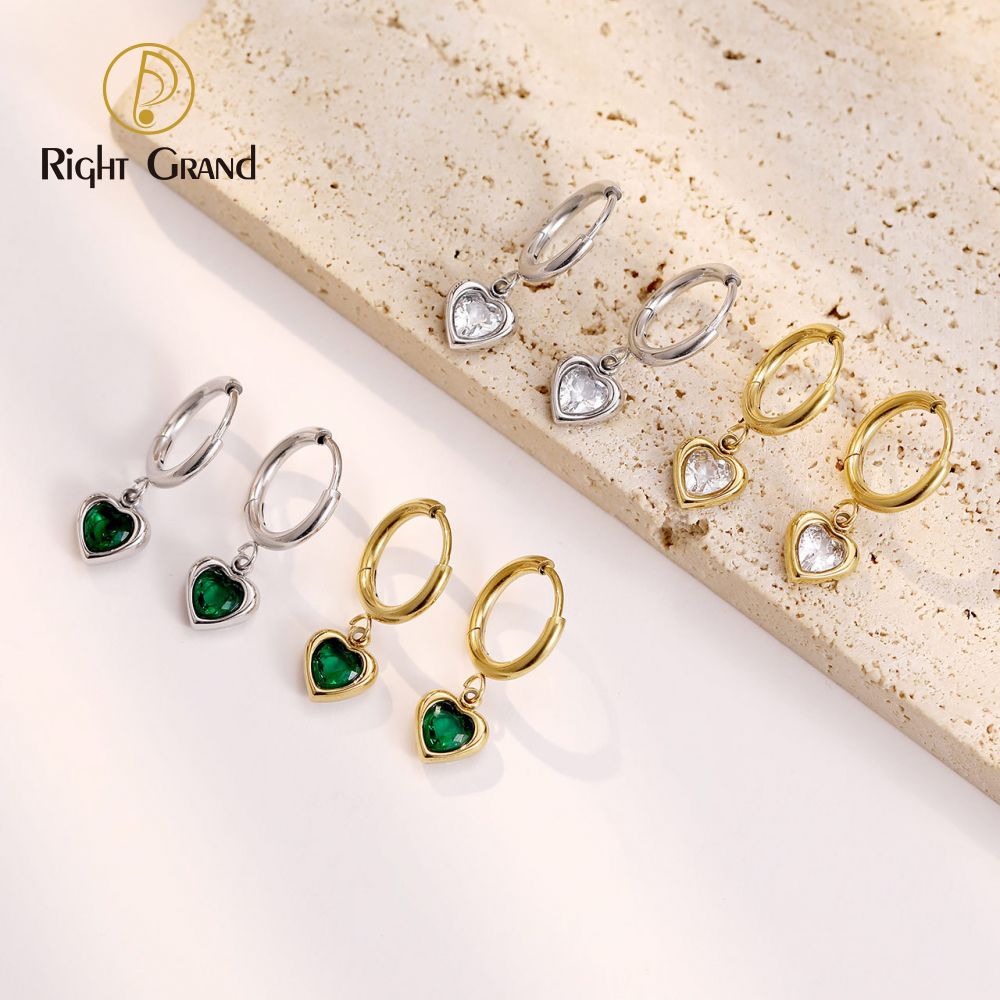 Right Grand Dainty Fashion Women Jewelry Stainless Steel Gold Plated Green Diamond Cubic Zirconia Heart Drop Earrings
