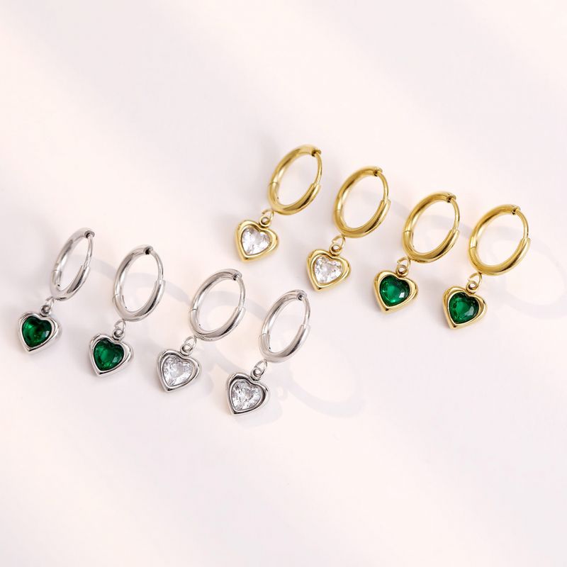 Right Grand Dainty Fashion Women Jewelry Stainless Steel Gold Plated Green Diamond Cubic Zirconia Heart Drop Earrings