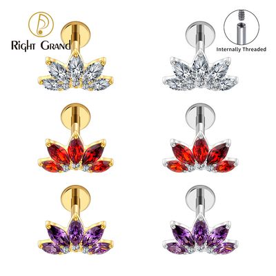 Right Grand ASTM F136 Titanium 16G  Internal Threaded Marquise CZ Flower Flat Back Stud Labret Tragus Helix Cartilage Conch Earring Piercing
