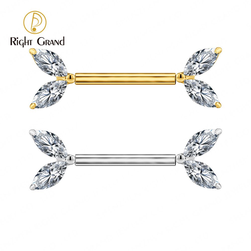 Right Grand ASTM F136 Titanium 14G Marquise Leaf CZ Nipple Ring Threadless Push Pin Straight Nipple Barbell Piercing Jewelry
