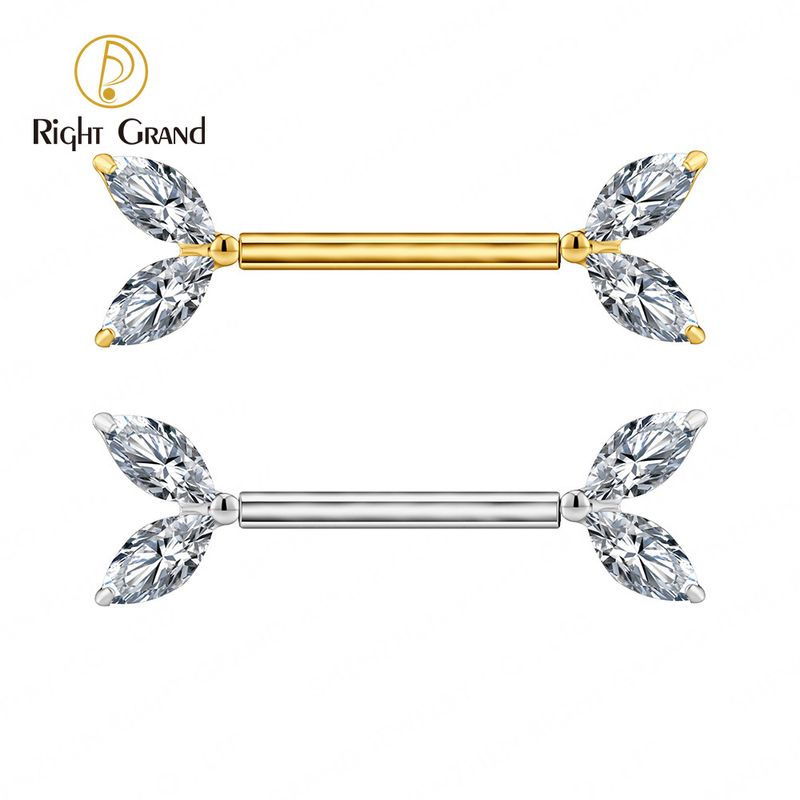 Right Grand ASTM F136 Titanium 14G Marquise Leaf CZ Nipple Ring Threadless Push Pin Straight Nipple Barbell Piercing Jewelry