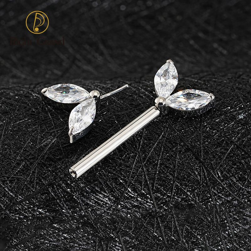 Right Grand ASTM F136 Titanium 14G Marquise Leaf CZ Nipple Ring Threadless Push Pin Straight Nipple Barbell Piercing Jewelry