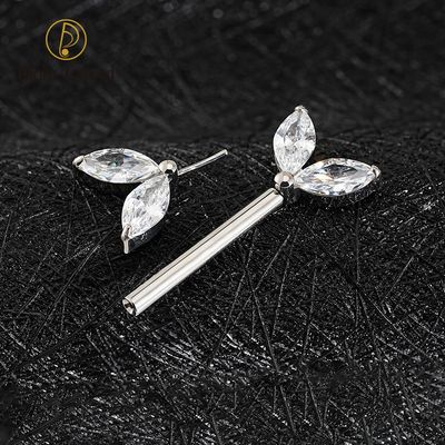 Right Grand ASTM F136 Titanium 14G Marquise Leaf CZ Nipple Ring Threadless Push Pin Straight Nipple Barbell Piercing Jewelry