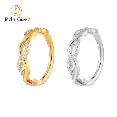 Right Grand ASTM F136 Titanium Twisted Rope Huggie Hoop Earring 16G Infinity CZ Hinged Clicker Septum Nose Ring Earlobe Piercing