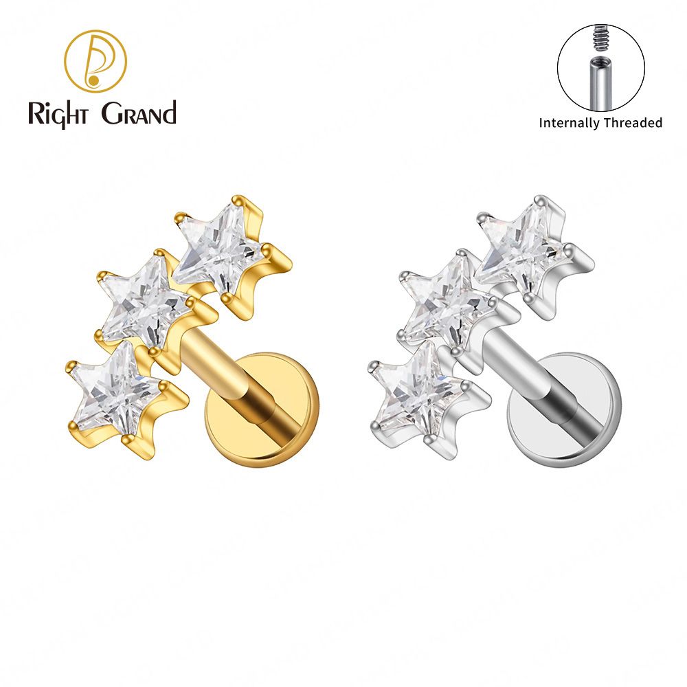 Right Grand ASTM F136 Titanium 16G Internal Threaded Triple Star Cluster Cartilage Earring 16G Flat Back Labret Stud Tragus Helix Piercing Jewelry