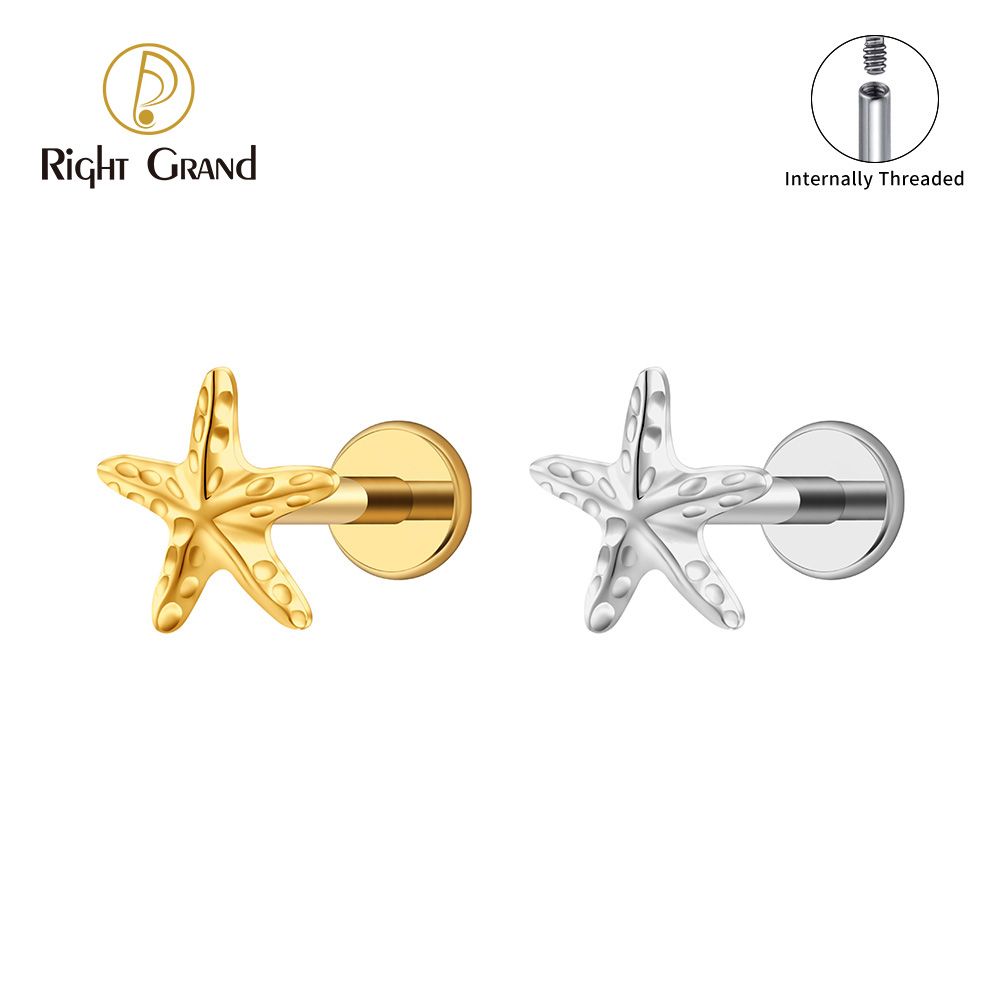 Right Grand ASTM F136 Titanium 16G Internal Threaded Starfish Cartilage Earring 16G Flat Back Labret Stud Tragus Helix Piercing Jewelry