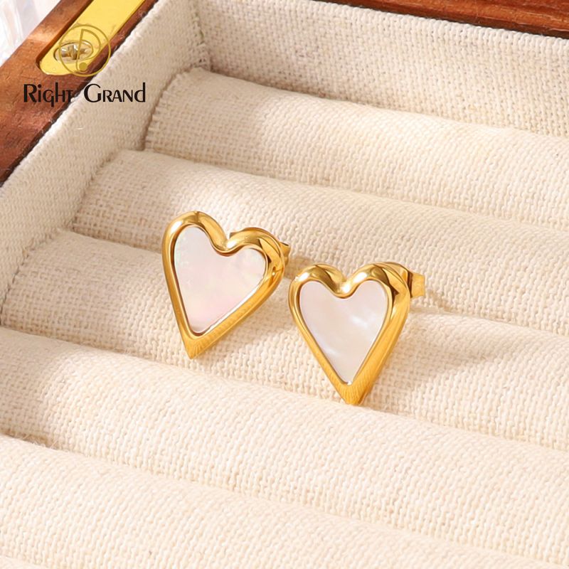 Right Grand Gold Plated Heart Earrings Stainless Steel White Natural Shell Heart Stud Earring