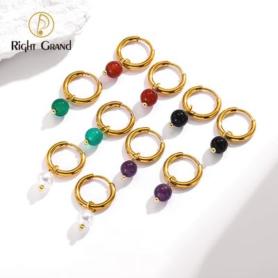 Right Grand Fashion Jewelry 18k Gold PVD Plated Stainless Steel Women Jewelry Simple Pearl Agate Stone Dangle Huggies Hoop Earrings