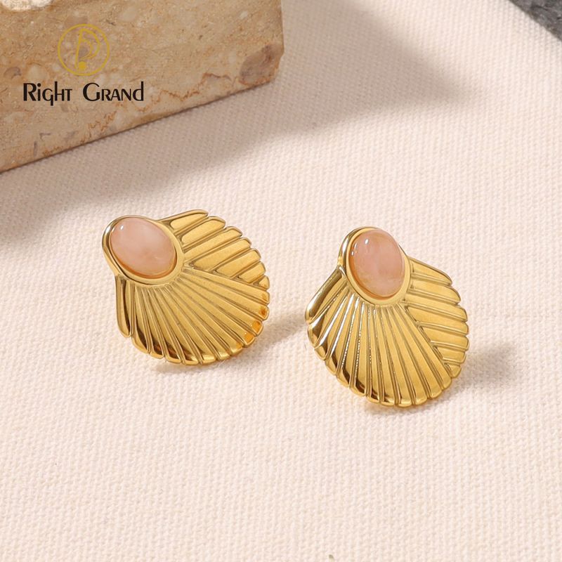 Right Grand Waterproof Stainless Steel 18K Gold Plated Trendy Jewelry Natural Stone Shell Shape Stud Earrings