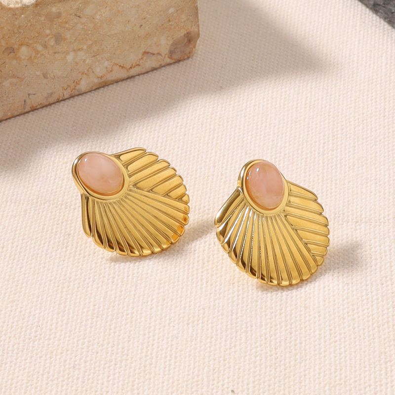 Right Grand Waterproof Stainless Steel 18K Gold Plated Trendy Jewelry Natural Stone Shell Shape Stud Earrings
