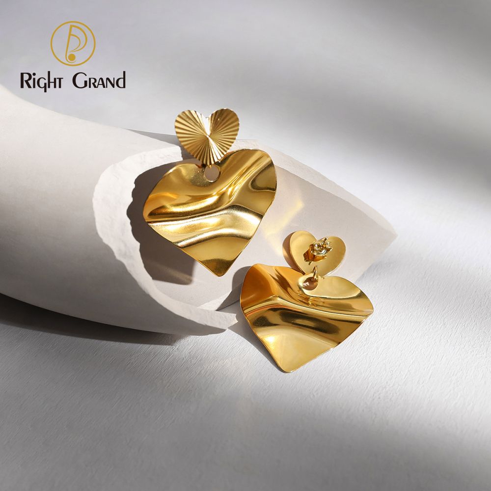 Right Grand New Trendy Stainless Steel 18K Gold Plated Trendy Jewelry Wave Surface Heart Pendant Earrings