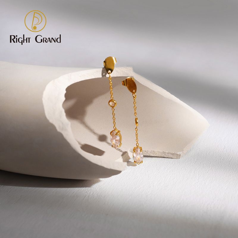 Right Grand New Trendy Stainless Steel Gold Electroplated Chain Hanging Zircon Earrings